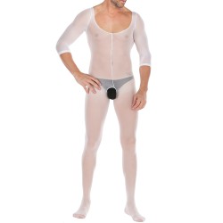 pure white crotchless low cut jampsuit teddy for men