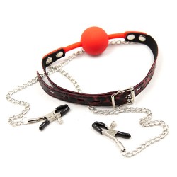 silicone ball gag with nipple clamps